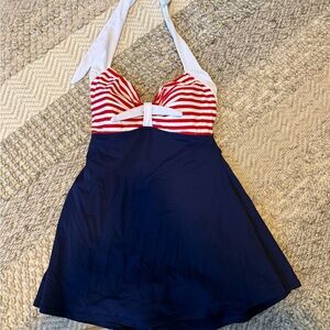 COCOSHIP Red and White Striped One Piece with Navy removable pads large